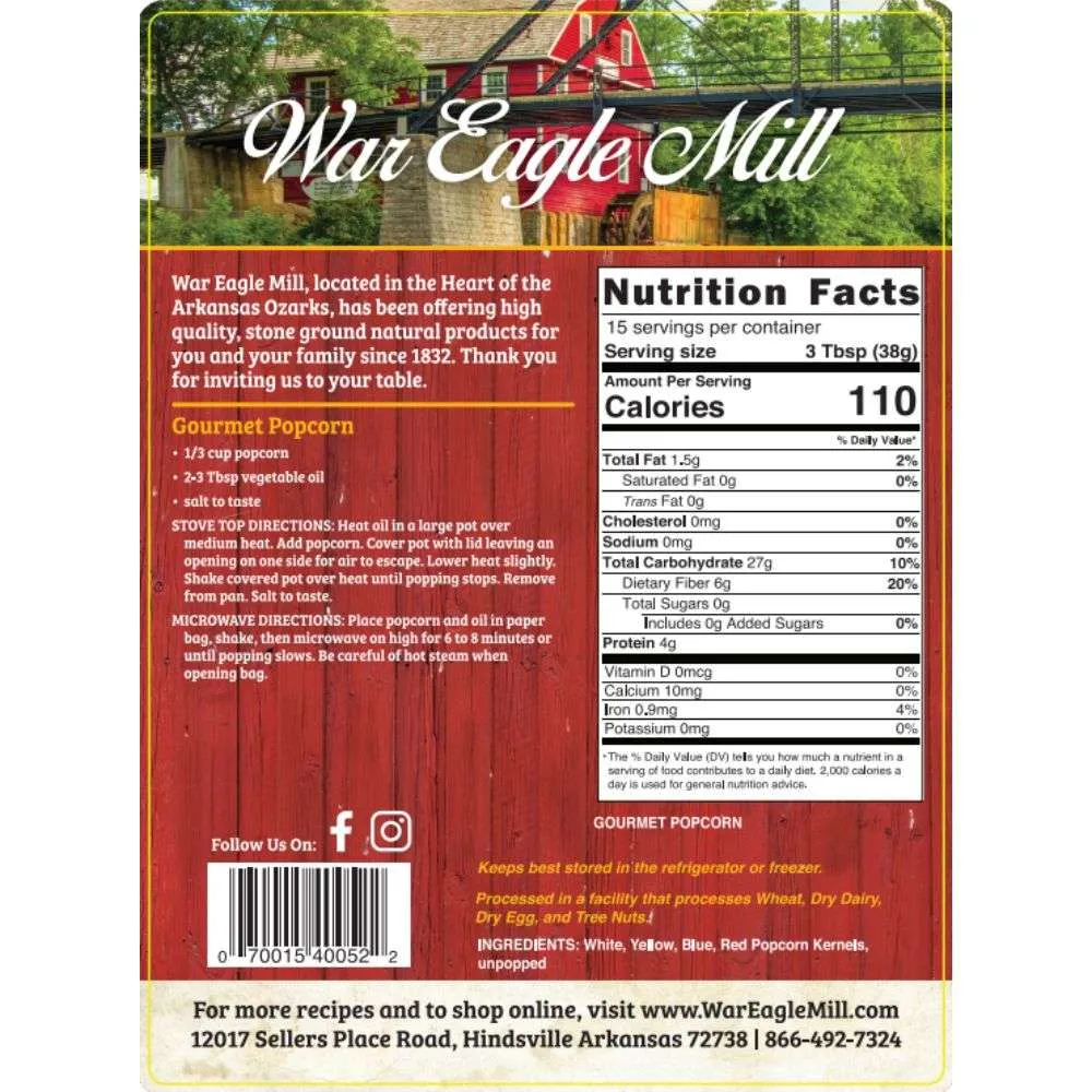 Back of War Eagle Mill Gourmet Popcorn bag with nutrition facts and cooking instructions