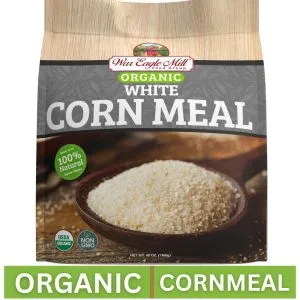 Front of War Eagle Mill Organic White Cornmeal 48 oz bag, labeled USDA Organic and Non-GMO