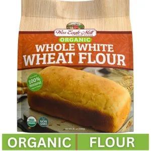 War Eagle Mill Organic Whole White Wheat Flour, 48 oz bag – front packaging with image of freshly baked bread.