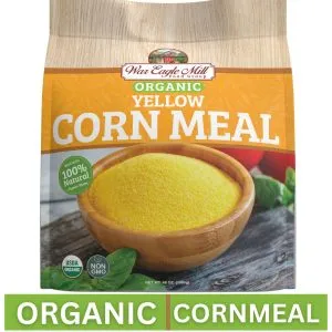 War Eagle Mill Organic Yellow Cornmeal 48 oz bag with wooden bowl