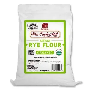 War Eagle Mill Organic Rye Flour 25 lb bag with green artisan label, USDA Organic and Non-GMO certified.