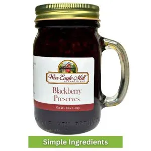 18 oz glass mug jar of War Eagle Mill Blackberry Preserves – made with simple ingredients for rich, fruity flavor.