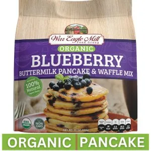 Organic Blueberry Buttermilk Pancake & Waffle Mix bag with stacked blueberry pancakes on front