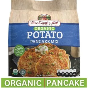 War Eagle Mill Organic Potato Pancake Mix in retail packaging with crispy golden pancakes on the front