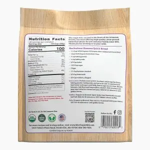 Back of Organic Buckwheat Flour bag showing nutrition facts and banana bread recipe
