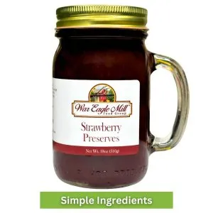 18 oz glass mug jar of War Eagle Mill Strawberry Preserves – made with simple ingredients for fresh, fruity flavor.