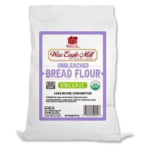 Front of War Eagle Mill Organic Unbleached Bread Flour 25 lb bag – USDA Organic and Non-GMO certified.