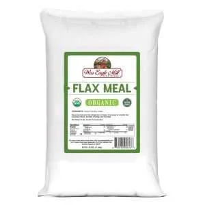 25 lb bag of War Eagle Mill Organic Flax Meal with product label featuring USDA Organic and Non-GMO certifications.