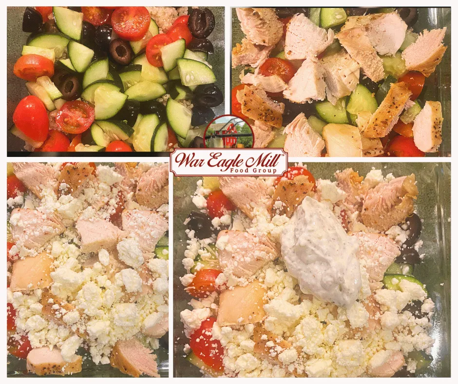 Collage of cooked organic quinoa, Greek chicken quinoa bowls, and meal prep containers filled with fresh ingredients