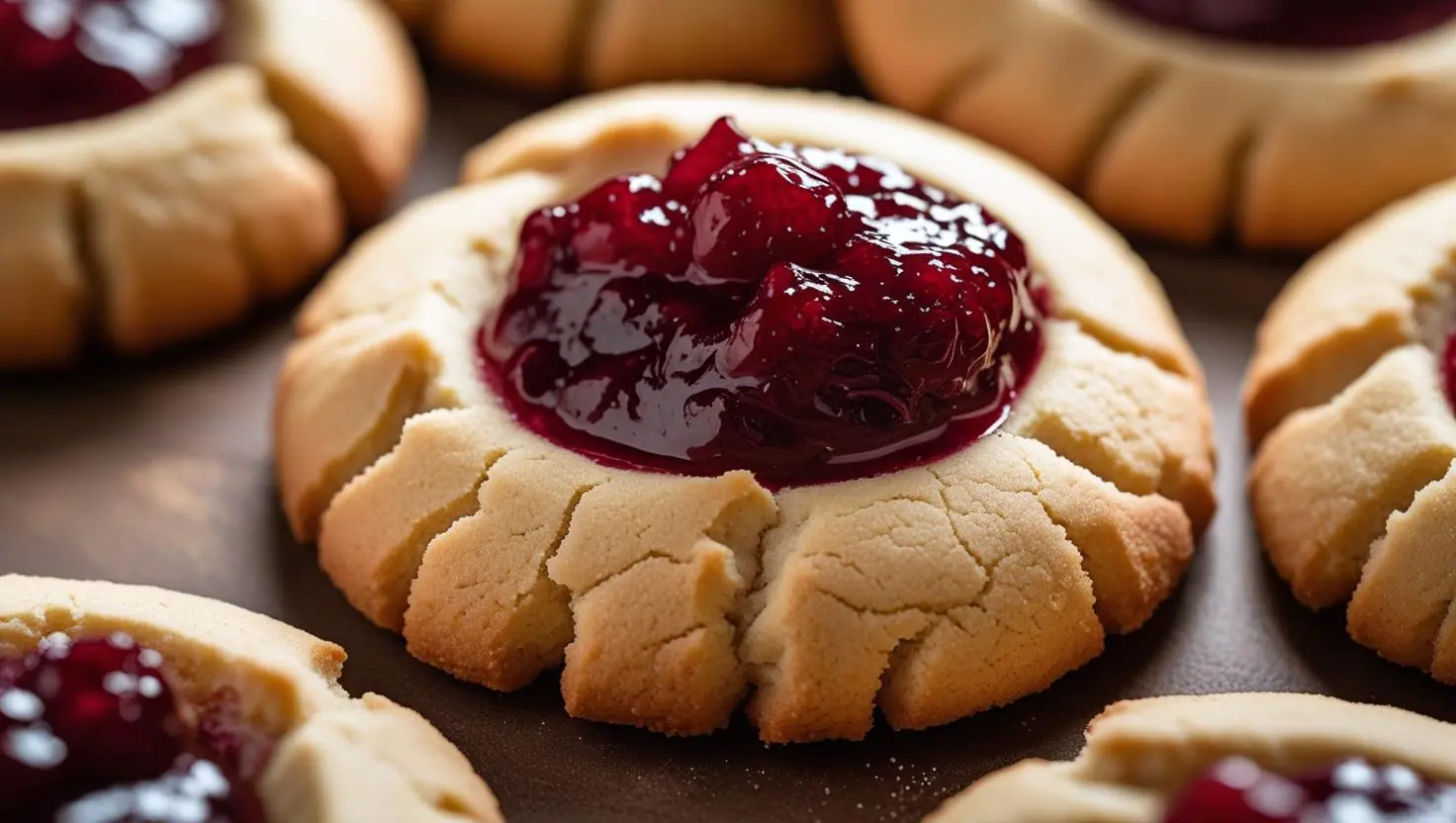 thumbprint sugar cookies filled with fruity preserves on a baking sheet