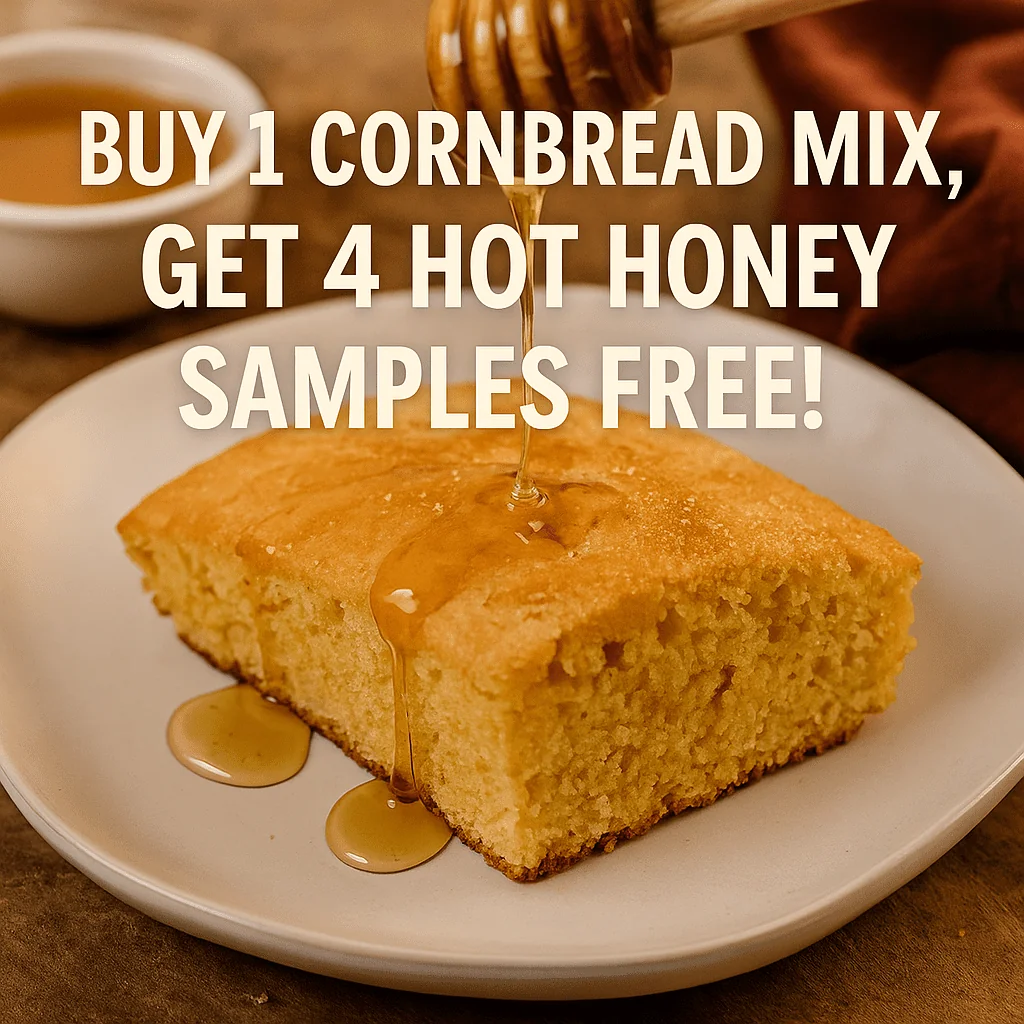 cornbread-hot-honey-promo-war-eagle-mill-fall-2025 Cornbread slice drizzled with hot honey on a plate, promotional text overlay for War Eagle Mill's cornbread mix offer.