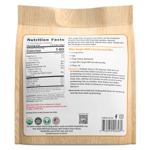 Back of Organic Yellow Cornbread Mix bag showing ingredients, nutrition facts, and baking directions