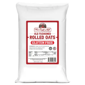 25 lb bag of Gluten Free Old Fashioned Rolled Oats with product label and gluten free and non-GMO seals