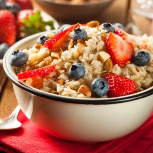 Gluten Free Old Fashioned Rolled Oats Breakfast Bowl Bowl of Gluten Free Old Fashioned Rolled Oats topped with fresh strawberries, blueberries, and almonds.
