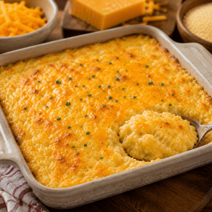 Baked macaroni and cheese in a beige casserole dish with a golden bubbly crust, sprinkled with chives, and a spoon scooping a creamy serving.