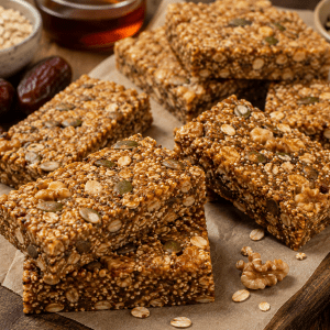 Crispy Quinoa Bars - War Eagle Mill Food Group Homemade granola bars studded with seeds and nuts on parchment paper, with dates in the background